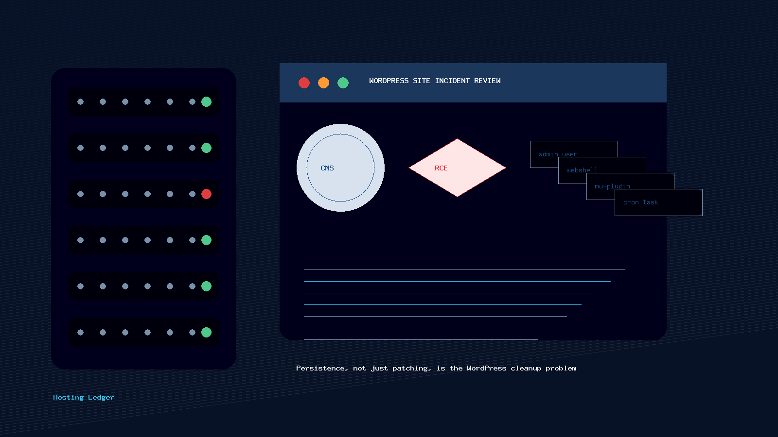 Editorial illustration of a WordPress hosting compromise investigation
